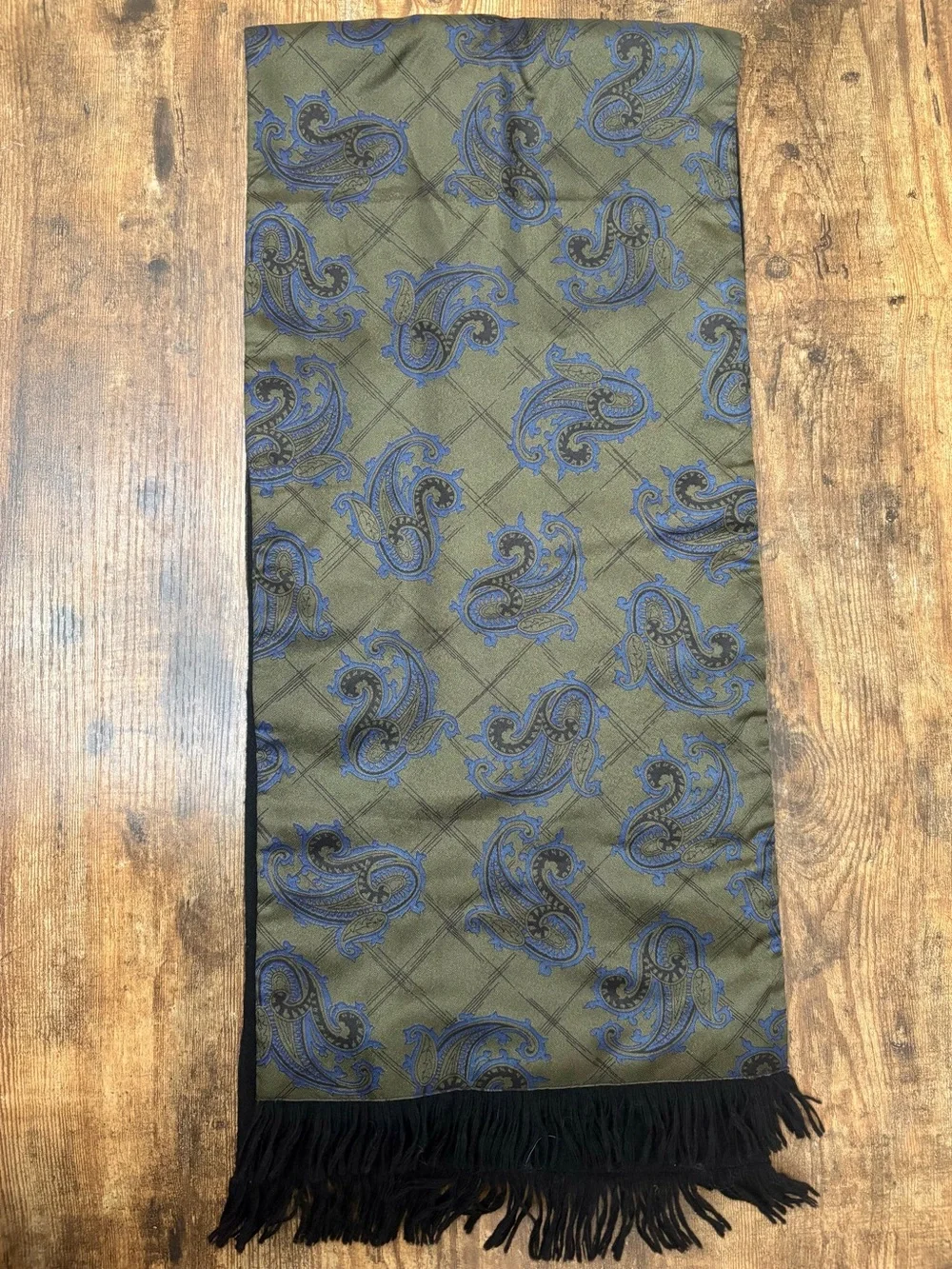 Duggie Majestic Vintage Olive/Blue Paisley Silk/Wool w/ Fringe Opera Scarf